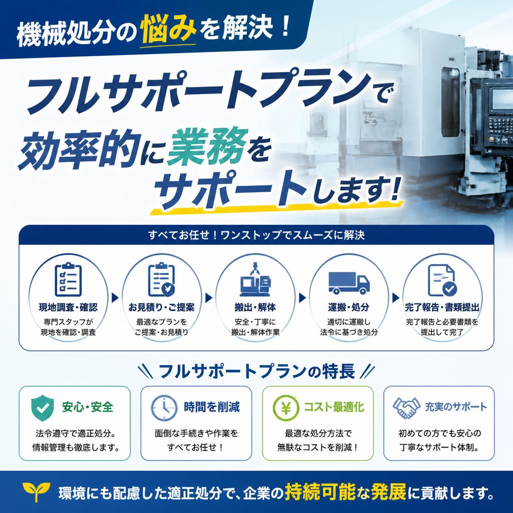 機械処分の悩みを解決！フルサポートプランで効率的に業務をサポートします！