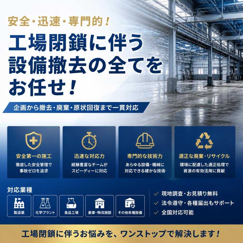 安全・迅速・専門的！工場閉鎖に伴う設備撤去の全てをお任せ！