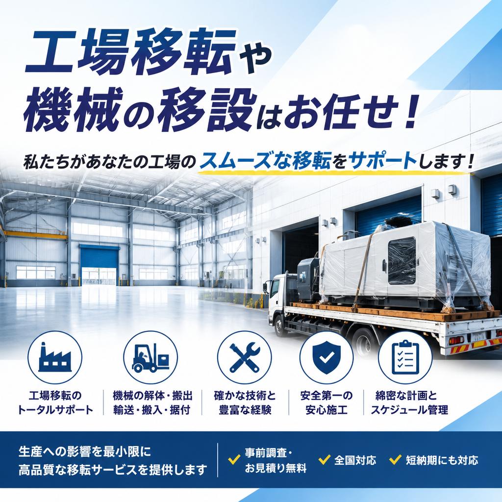工場移転や機械の移設はお任せ！私たちがあなたの工場のスムーズな移転をサポートします！