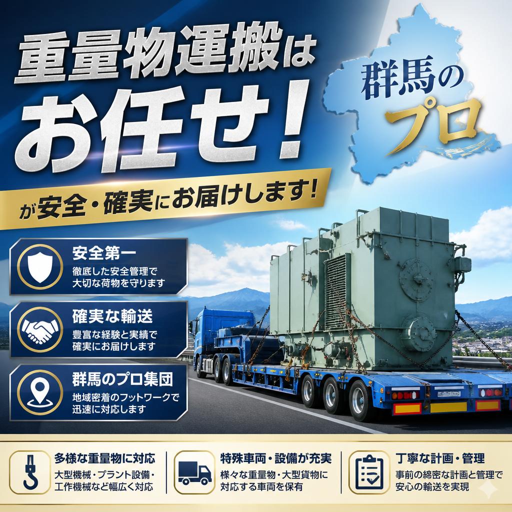 重量物運搬はお任せ！群馬のプロが安全・確実にお届けします！