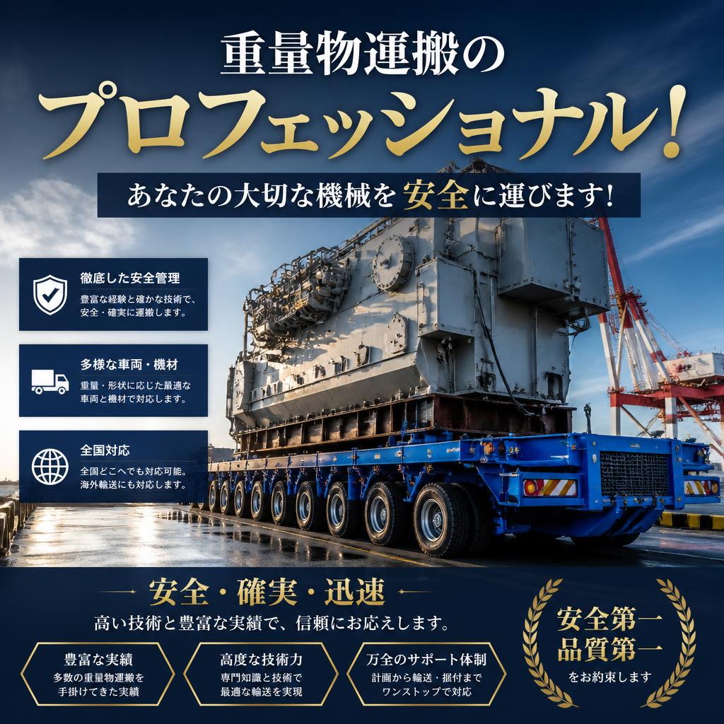 重量物運搬のプロフェッショナル！あなたの大切な機械を安全に運びます！