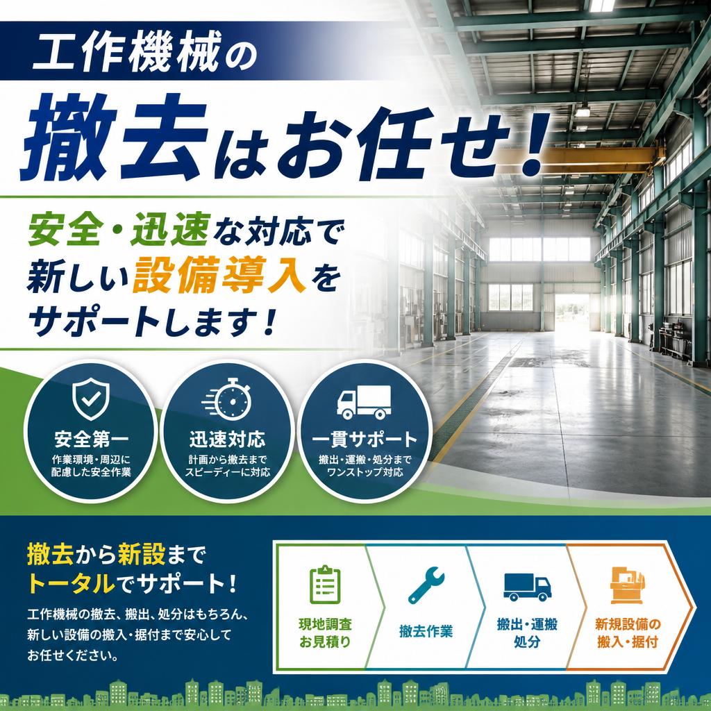 工作機械の撤去はお任せ！安全・迅速な対応で新しい設備導入をサポートします！