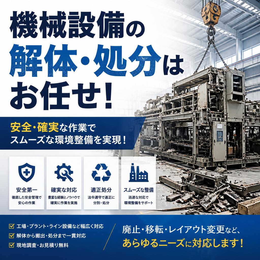 機械設備の解体・処分はお任せ！安全・確実な作業でスムーズな環境整備を実現！